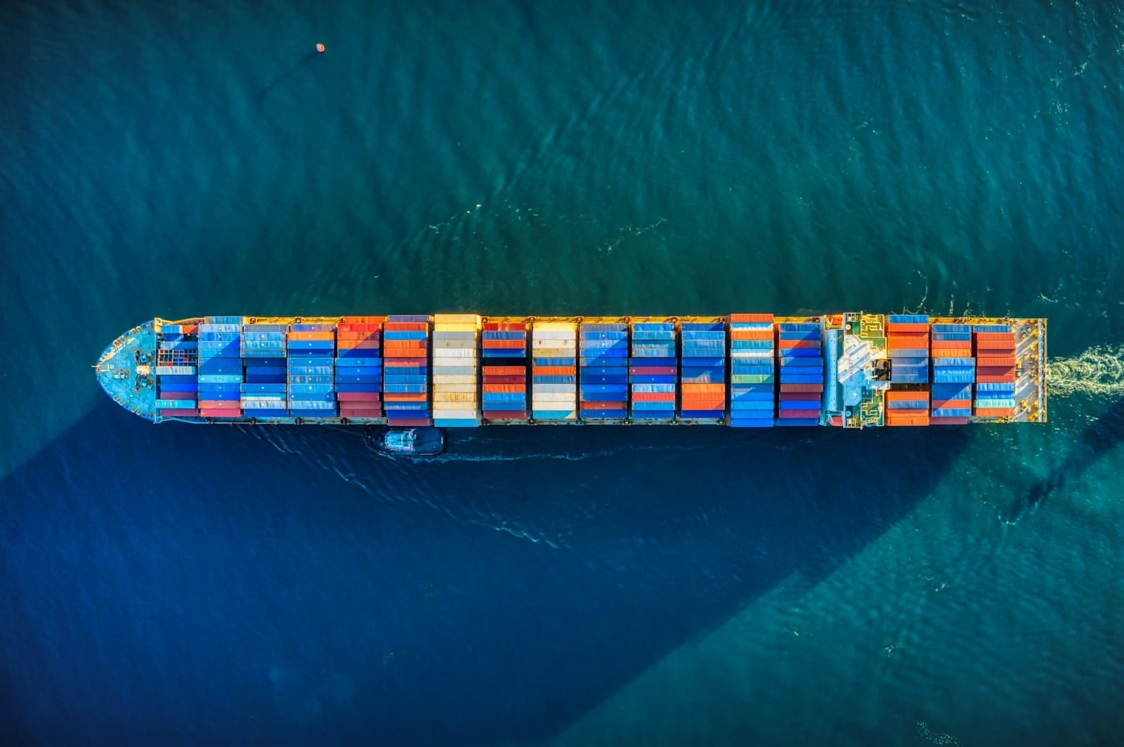 Container ship under way at sea, seen from above